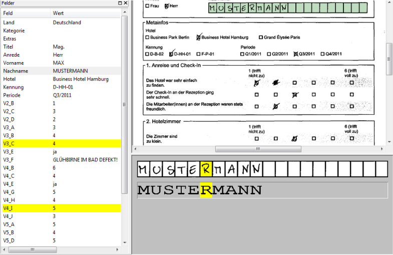 TeleForm Verifier: links die Feldliste mit ausgelesenen Werten, rechts der Belegausschnitt, darunter die Zeichenkette mit dem unsicheren Buchstaben in Gelb. Demodaten.