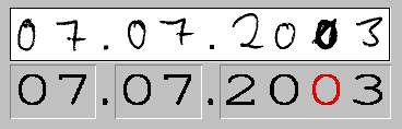 Handschriftlich eingetragenes Datum über dem maschinell erkannten Wert, eine unsichere Ziffer ist zur Prüfung hervorgehoben