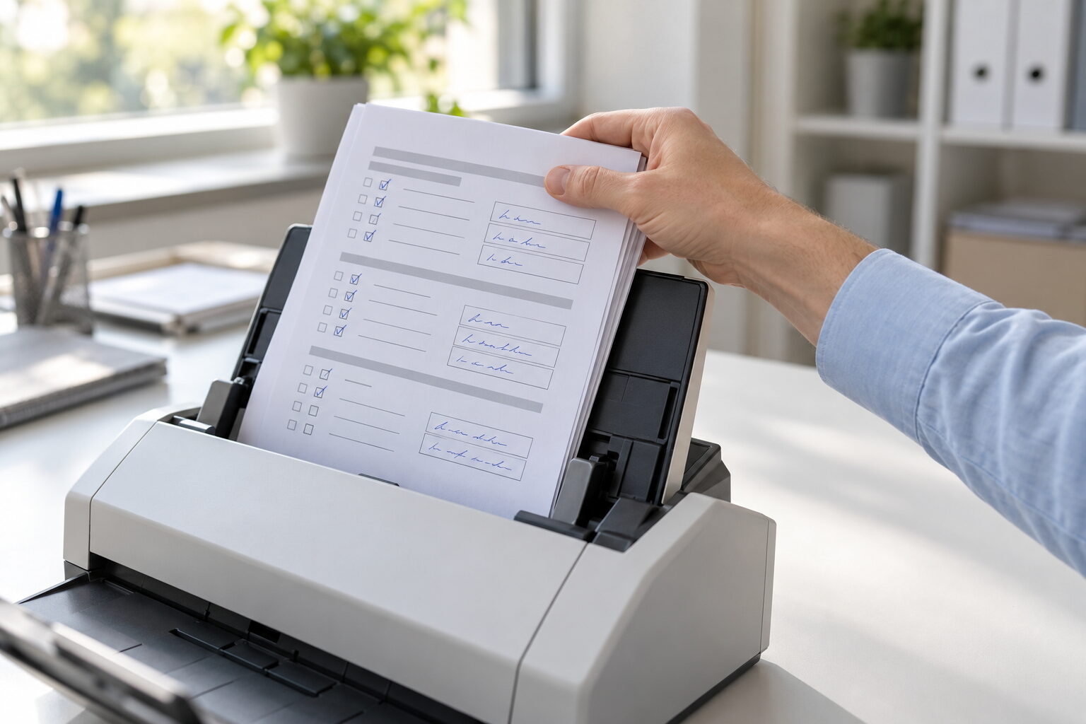 Hand legt einen Stapel ausgefüllter Fragebögen mit angekreuzten Kästchen und handschriftlichen Feldern in das Einzugsfach eines Dokumentenscanners