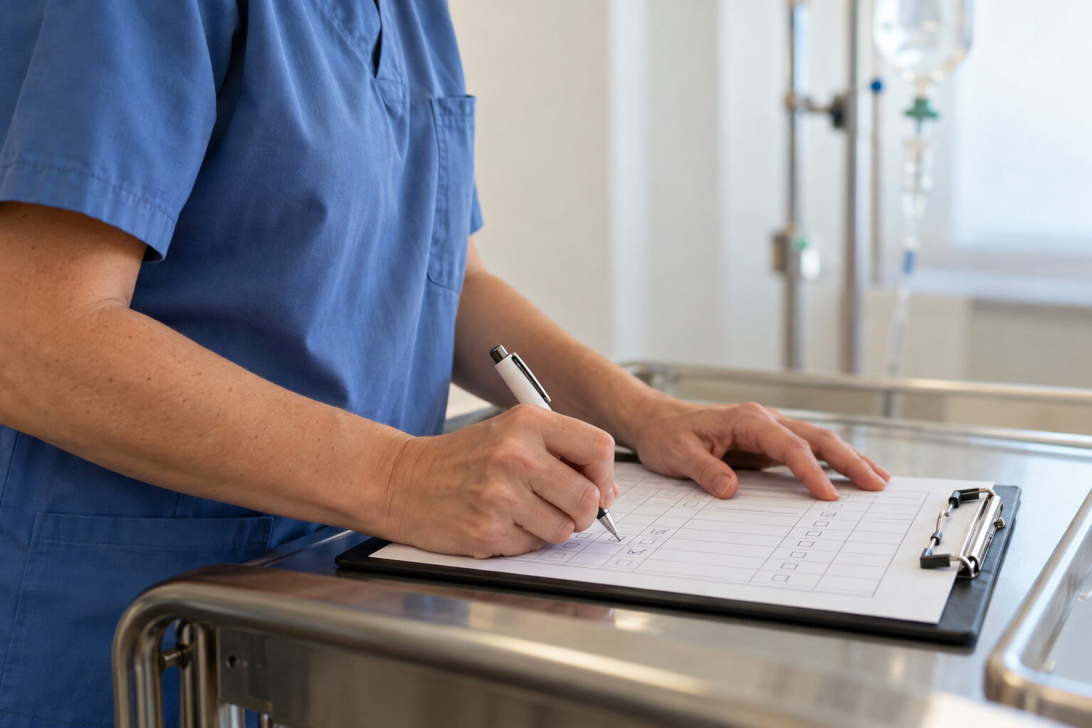 Person in OP-Kleidung kreuzt auf einem Papierprotokoll am Klemmbrett an, im Hintergrund ein Infusionsständer