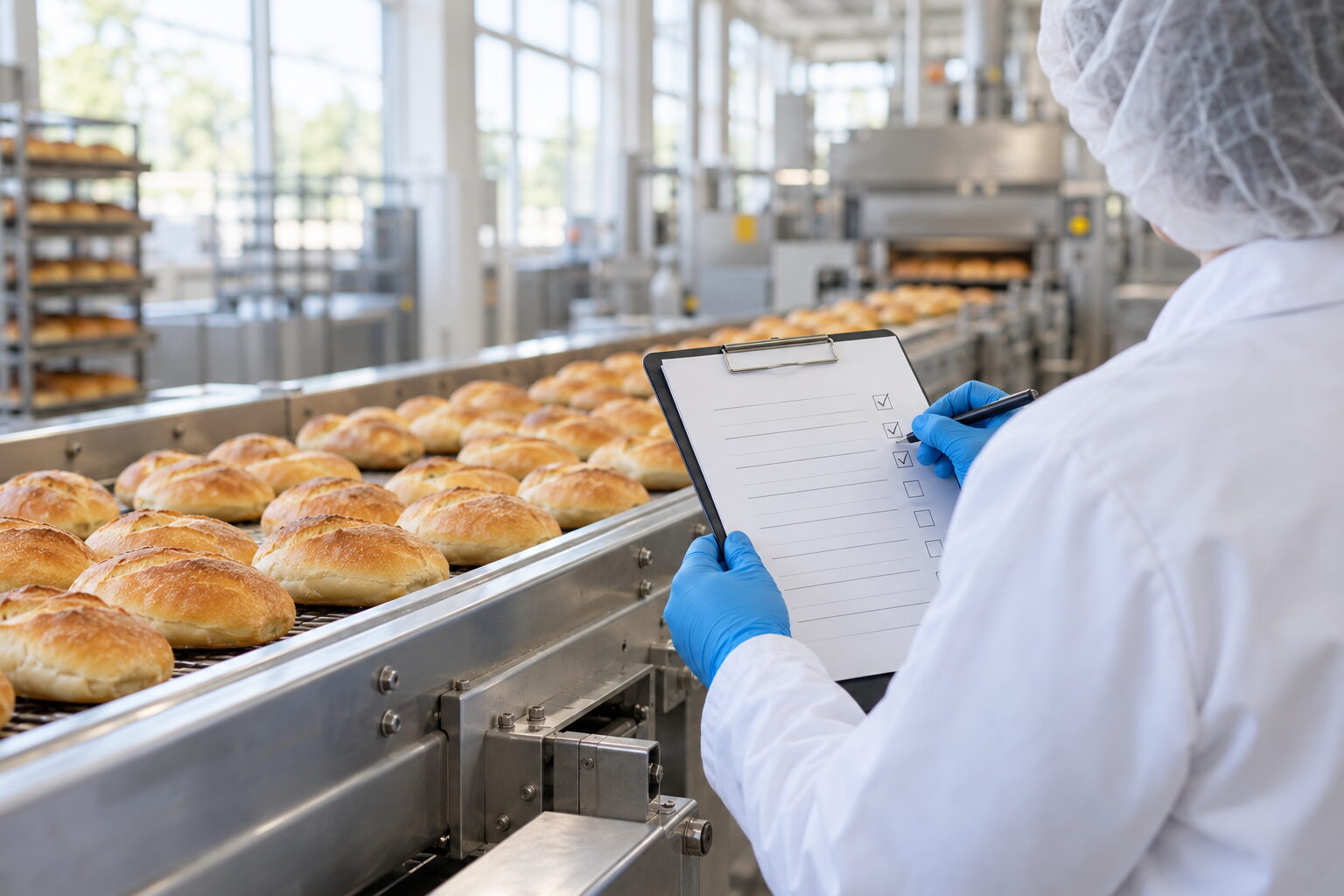 Person in Hygienekleidung mit Haarnetz und Handschuhen hakt an einer Backstraße mit frischen Brötchen eine Prüfliste auf dem Klemmbrett ab