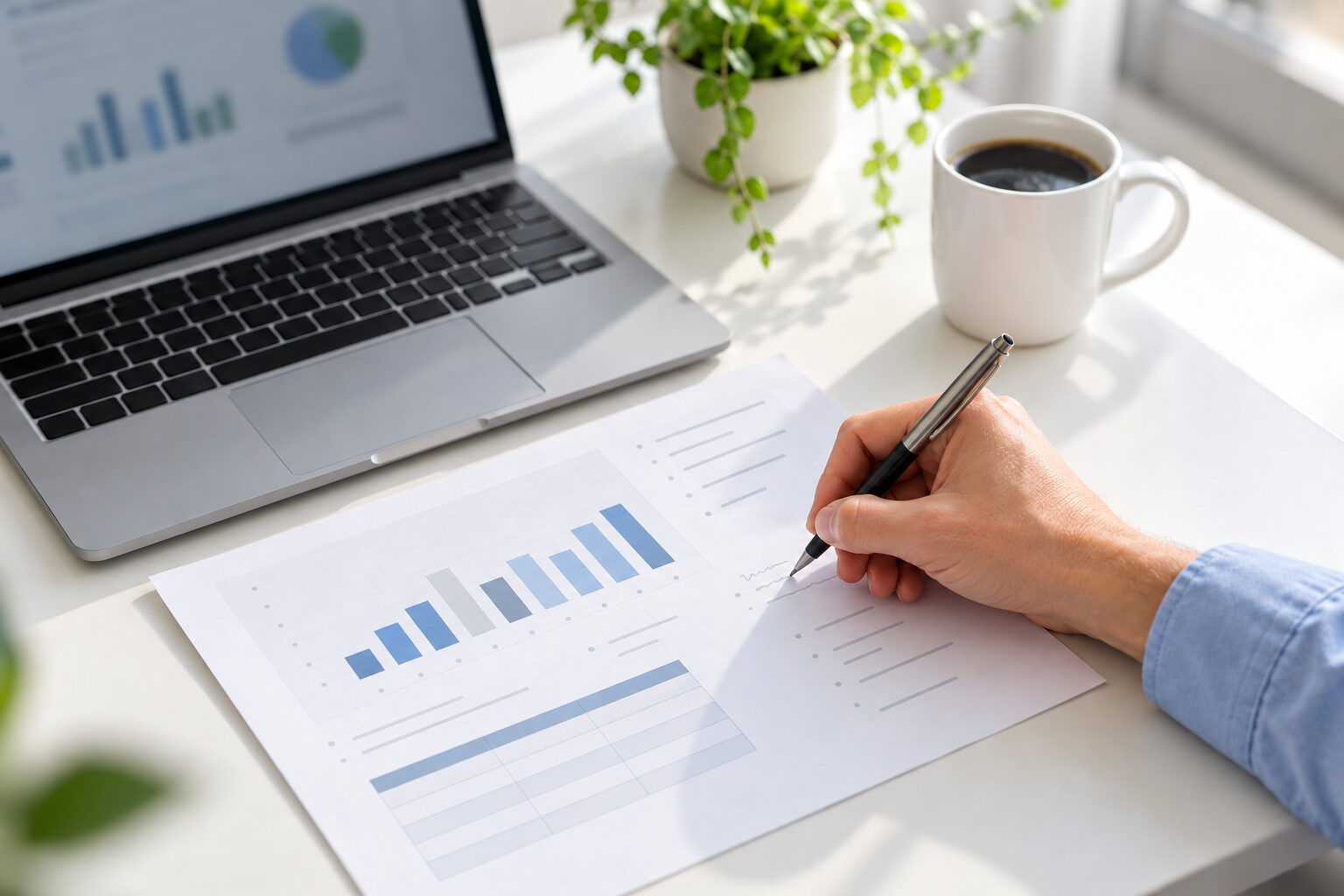 Hand schreibt Anmerkungen auf einen ausgedruckten Bericht mit Balkendiagramm und Tabelle, daneben Laptop und Kaffeetasse