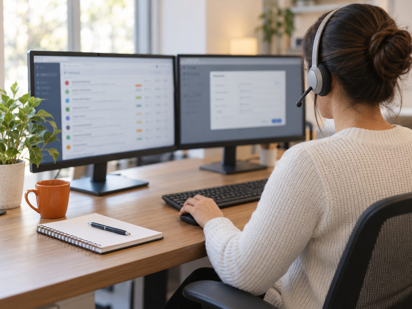 Supportmitarbeiterin mit Headset an einem Schreibtisch mit zwei Monitoren, auf denen eine Ticketliste und ein Einstellungsdialog zu sehen sind