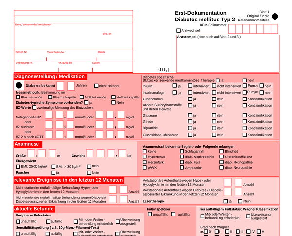 Dokumentationsbogen aus der Arztpraxis mit Ankreuz- und Kästchenfeldern