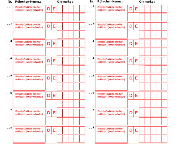 Probenliste aus dem Labor mit Feldern für Röhrchen-Kennzeichen und Ohrmarken